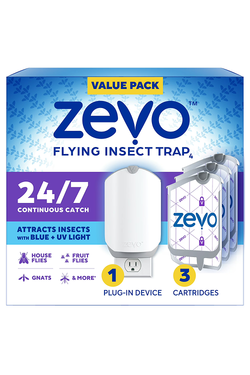 Zevo Flying Insect Indoor Fly Trap Full Size: Easy, Mess-Free Solution – Light Trap Catches & Kills House Flies, Fruit Flies, Gnats, & More (1 Plug in Device & 3 Cartridges)
