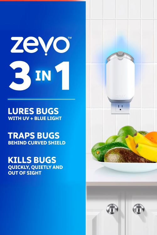 Zevo Flying Insect Indoor Fly Trap Full Size: Easy, Mess-Free Solution - Light Trap Catches & Kills House Flies, Fruit Flies, Gnats, & More (1 Plug in Device & 3 Cartridges) - Image 2