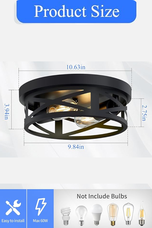 SKEJAO Flush Mount Ceiling Light Fixture,Black 2-Light Hallway Light Fixtures Ceiling,Light Fixtures Ceiling Mount for Farmhouse,Kitchen,Hall,Bedroom,Bathroom (2 Pack) - Image 4