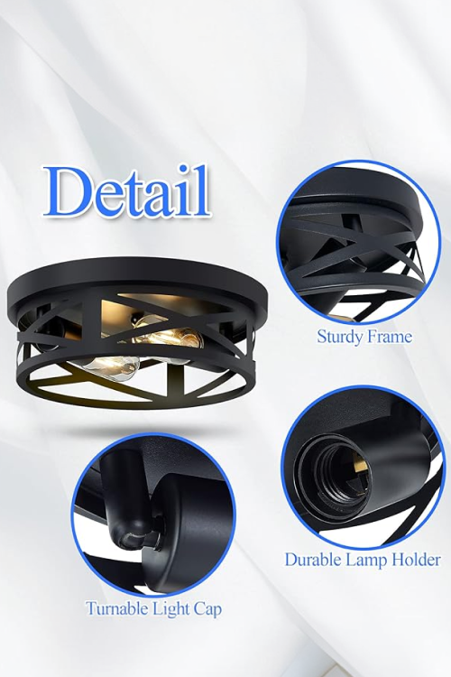 SKEJAO Flush Mount Ceiling Light Fixture,Black 2-Light Hallway Light Fixtures Ceiling,Light Fixtures Ceiling Mount for Farmhouse,Kitchen,Hall,Bedroom,Bathroom (2 Pack) - Image 3