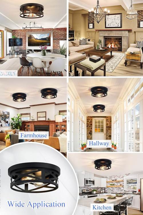 SKEJAO Flush Mount Ceiling Light Fixture,Black 2-Light Hallway Light Fixtures Ceiling,Light Fixtures Ceiling Mount for Farmhouse,Kitchen,Hall,Bedroom,Bathroom (2 Pack) - Image 2